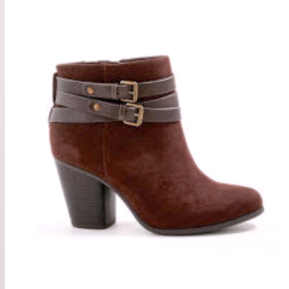 TORRID 🤎Chocolate Brown Faux Suede Bootie Heel Faux Leather Strap Wide Width